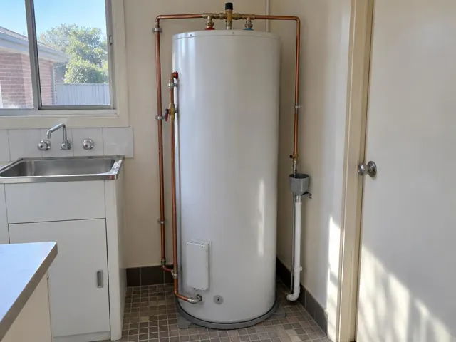 White hot water tank with copper and PVC pipework beside a sink in a tiled laundry in Georgetown
