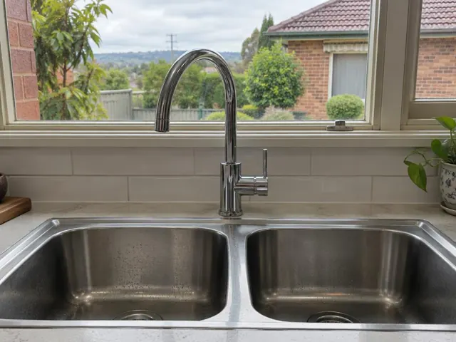 Chrome kitchen mixer tap over a double stainless sink beneath a window in a tiled kitchen in Hamilton North